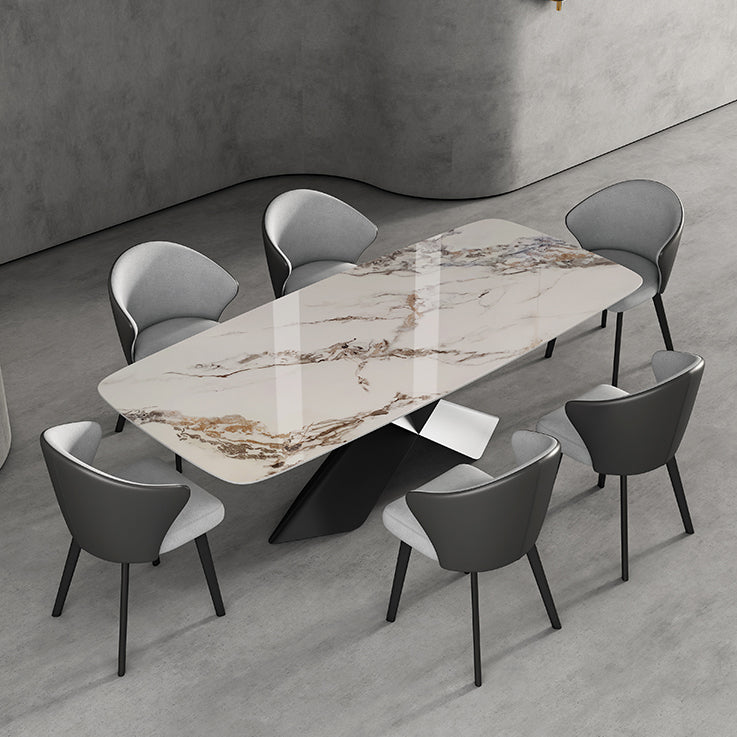 Modern Style Sintered Stone Dining Table with Standard Height Table and Black Pedestal Base Clearhalo 'Dining Room Sets' 'Dining Tables & Seating' 'dining_room_set' 'furn' 'furn_dining_room_set' 'Furniture' 'furniture_dining_room_set' 'Kitchen & Dining Furniture' 'kitchen&dining_furn' 'kitchen' 3401548