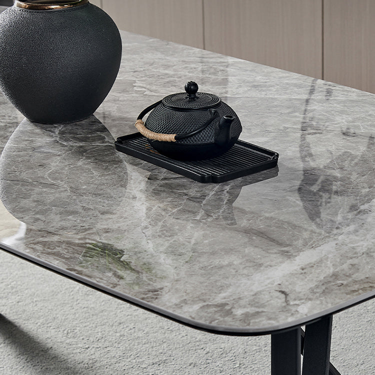 Contemporary Sintered Stone Top Dining Room Set with Rectangle Shape Dining Set with Pedestal Base Clearhalo 'Dining Room Sets' 'Dining Tables & Seating' 'dining_room_set' 'furn' 'furn_dining_room_set' 'Furniture' 'furniture_dining_room_set' 'Kitchen & Dining Furniture' 'kitchen&dining_furn' 'kitchen' 3401792