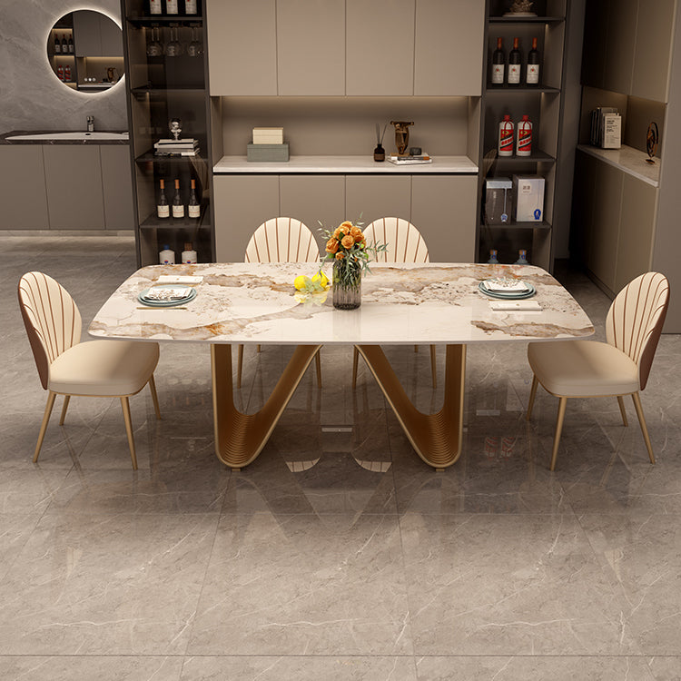 Modern Sintered Stone Dining Room Set Standard Height with Double Pedestal Base Dining Table Set with 4 Chairs Clearhalo 'Dining Room Sets' 'Dining Tables & Seating' 'dining_room_set' 'furn' 'furn_dining_room_set' 'Furniture' 'furniture_dining_room_set' 'Kitchen & Dining Furniture' 'kitchen&dining_furn' 'kitchen' 3401827