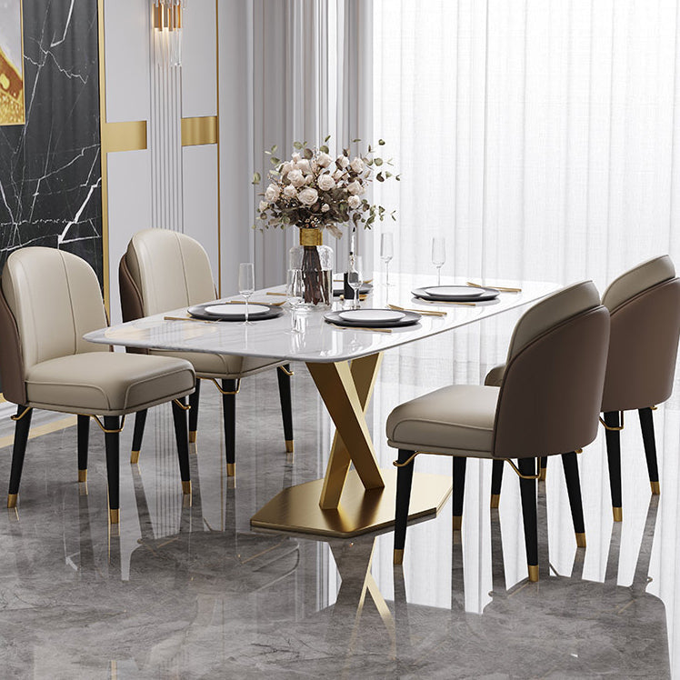Contemporary Sintered Stone Top Dining Room Set with Rectangle Table and Pedestal Base Dinette Set with 4 Chairs Clearhalo 'Dining Room Sets' 'Dining Tables & Seating' 'dining_room_set' 'furn' 'furn_dining_room_set' 'Furniture' 'furniture_dining_room_set' 'Kitchen & Dining Furniture' 'kitchen&dining_furn' 'kitchen' 3407138