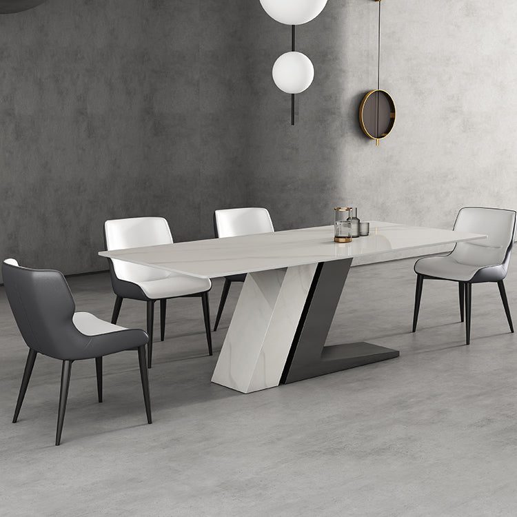 Modern Style Sintered Stone Dining Set with White Rectangle Shape Table and Double Pedestal Base Clearhalo 'Dining Room Sets' 'Dining Tables & Seating' 'dining_room_set' 'furn' 'furn_dining_room_set' 'Furniture' 'furniture_dining_room_set' 'Kitchen & Dining Furniture' 'kitchen&dining_furn' 'kitchen' 3407234