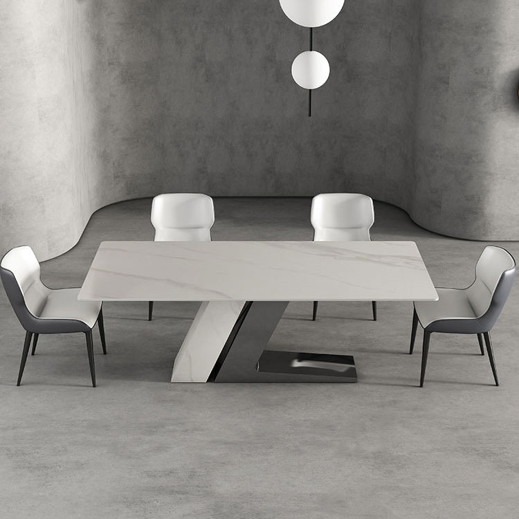 Modern Style Sintered Stone Dining Set with White Rectangle Shape Table and Double Pedestal Base Clearhalo 'Dining Room Sets' 'Dining Tables & Seating' 'dining_room_set' 'furn' 'furn_dining_room_set' 'Furniture' 'furniture_dining_room_set' 'Kitchen & Dining Furniture' 'kitchen&dining_furn' 'kitchen' 3407248