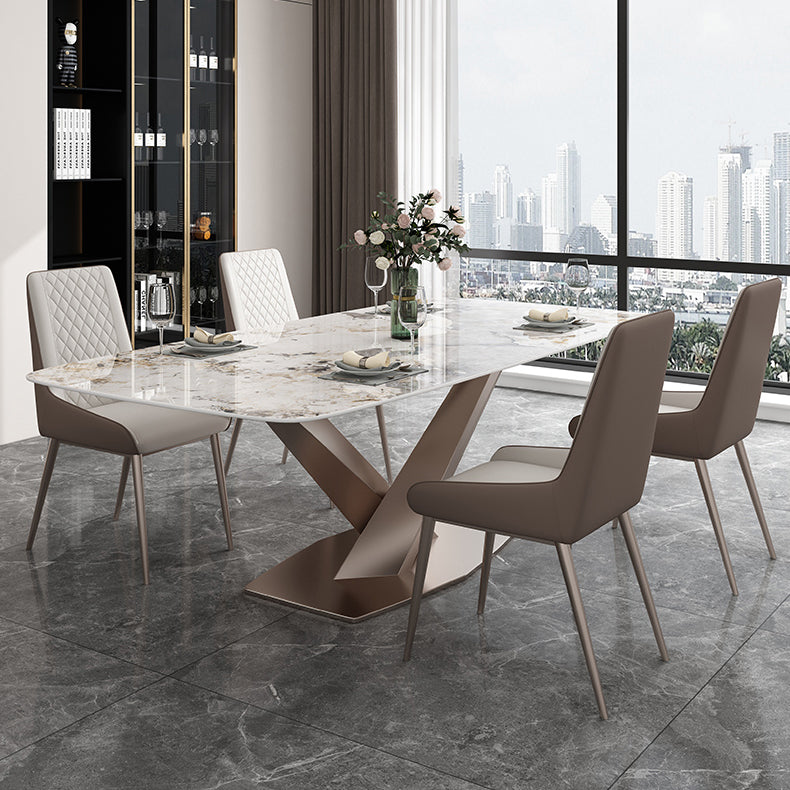 Modern Style Sintered Stone Dining Table with Standard Height Table and Rose Gold Trestle Base with 4 Chairs Clearhalo 'Dining Room Sets' 'Dining Tables & Seating' 'dining_room_set' 'furn' 'furn_dining_room_set' 'Furniture' 'furniture_dining_room_set' 'Kitchen & Dining Furniture' 'kitchen&dining_furn' 'kitchen' 3407548