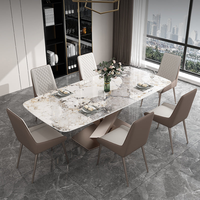 Modern Style Sintered Stone Dining Table with Standard Height Table and Rose Gold Trestle Base Clearhalo 'Dining Room Sets' 'Dining Tables & Seating' 'dining_room_set' 'furn' 'furn_dining_room_set' 'Furniture' 'furniture_dining_room_set' 'Kitchen & Dining Furniture' 'kitchen&dining_furn' 'kitchen' 3407551