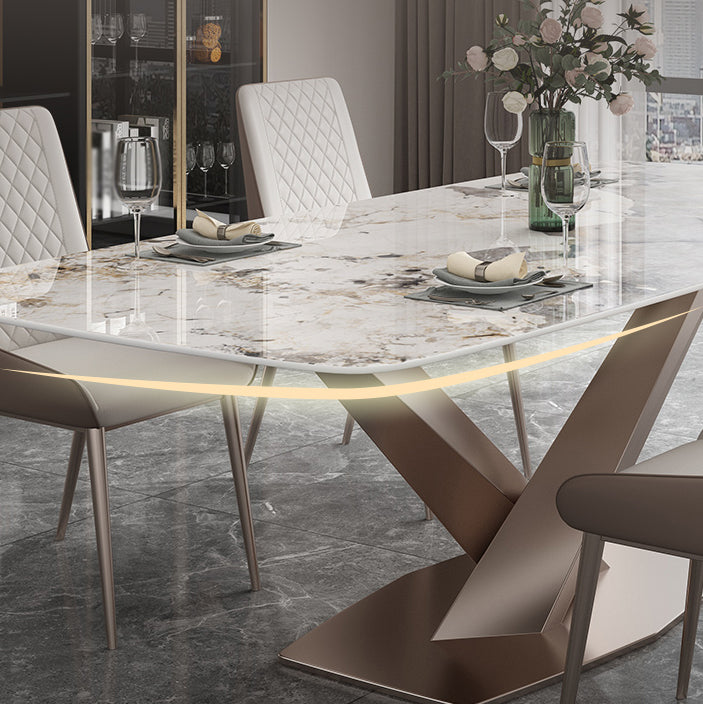 Modern Style Sintered Stone Dining Table with Standard Height Table and Rose Gold Trestle Base Clearhalo 'Dining Room Sets' 'Dining Tables & Seating' 'dining_room_set' 'furn' 'furn_dining_room_set' 'Furniture' 'furniture_dining_room_set' 'Kitchen & Dining Furniture' 'kitchen&dining_furn' 'kitchen' 3407554