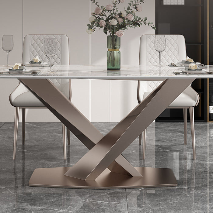 Modern Style Sintered Stone Dining Table with Standard Height Table and Rose Gold Trestle Base Clearhalo 'Dining Room Sets' 'Dining Tables & Seating' 'dining_room_set' 'furn' 'furn_dining_room_set' 'Furniture' 'furniture_dining_room_set' 'Kitchen & Dining Furniture' 'kitchen&dining_furn' 'kitchen' 3407555