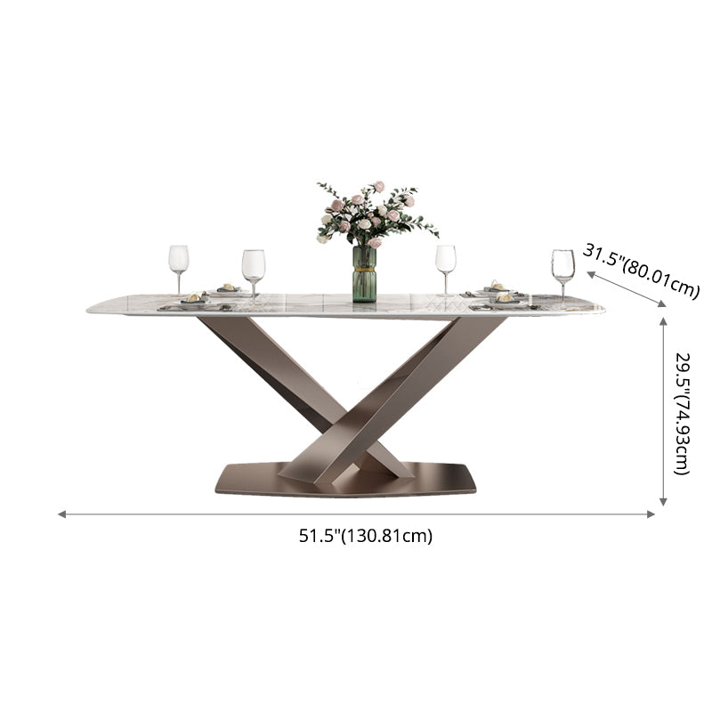Modern Style Sintered Stone Dining Table with Standard Height Table and Rose Gold Trestle Base Clearhalo 'Dining Room Sets' 'Dining Tables & Seating' 'dining_room_set' 'furn' 'furn_dining_room_set' 'Furniture' 'furniture_dining_room_set' 'Kitchen & Dining Furniture' 'kitchen&dining_furn' 'kitchen' 3407557