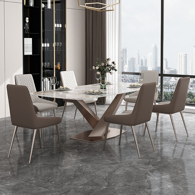 Modern Style Sintered Stone Dining Table with Standard Height Table and Rose Gold Trestle Base Clearhalo 'Dining Room Sets' 'Dining Tables & Seating' 'dining_room_set' 'furn' 'furn_dining_room_set' 'Furniture' 'furniture_dining_room_set' 'Kitchen & Dining Furniture' 'kitchen&dining_furn' 'kitchen' 3407562