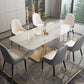 Modern Style Sintered Stone Dining Table with White Table and Gold Trestle Base for Home Use Clearhalo 'Dining Room Sets' 'Dining Tables & Seating' 'dining_room_set' 'furn' 'furn_dining_room_set' 'Furniture' 'furniture_dining_room_set' 'Kitchen & Dining Furniture' 'kitchen&dining_furn' 'kitchen' 3407563