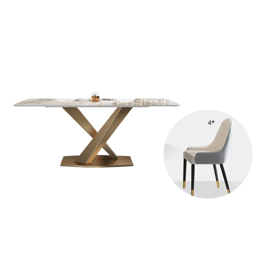 Modern Style Sintered Stone Dining Table with White Table and Gold Trestle Base for Home Use with 4 Chairs Clearhalo 'Dining Room Sets' 'Dining Tables & Seating' 'dining_room_set' 'furn' 'furn_dining_room_set' 'Furniture' 'furniture_dining_room_set' 'Kitchen & Dining Furniture' 'kitchen&dining_furn' 'kitchen' 3407564