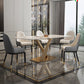 Modern Style Sintered Stone Dining Table with White Table and Gold Trestle Base for Home Use Clearhalo 'Dining Room Sets' 'Dining Tables & Seating' 'dining_room_set' 'furn' 'furn_dining_room_set' 'Furniture' 'furniture_dining_room_set' 'Kitchen & Dining Furniture' 'kitchen&dining_furn' 'kitchen' 3407566