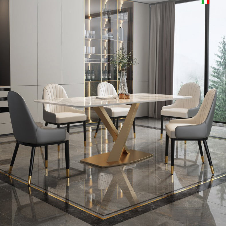 Modern Style Sintered Stone Dining Table with White Table and Gold Trestle Base for Home Use Clearhalo 'Dining Room Sets' 'Dining Tables & Seating' 'dining_room_set' 'furn' 'furn_dining_room_set' 'Furniture' 'furniture_dining_room_set' 'Kitchen & Dining Furniture' 'kitchen&dining_furn' 'kitchen' 3407566