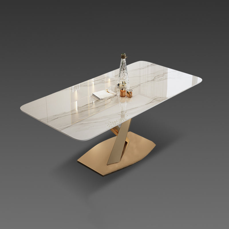 Modern Style Sintered Stone Dining Table with White Table and Gold Trestle Base for Home Use Clearhalo 'Dining Room Sets' 'Dining Tables & Seating' 'dining_room_set' 'furn' 'furn_dining_room_set' 'Furniture' 'furniture_dining_room_set' 'Kitchen & Dining Furniture' 'kitchen&dining_furn' 'kitchen' 3407567