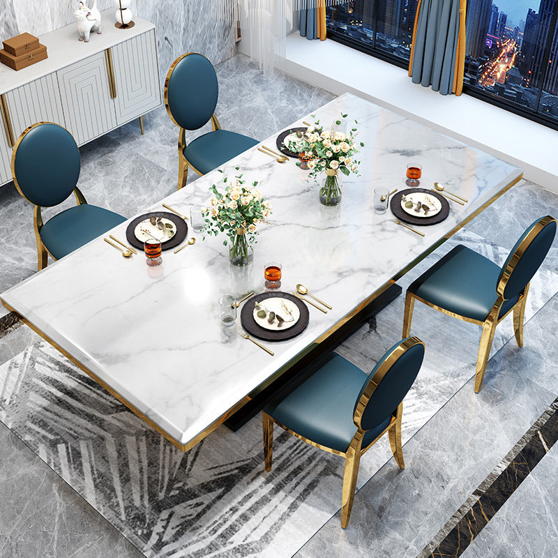 Modern Style Marble Table with White Table and Gold Trestle Base for Home Use 55.1"L x 31.5"W x 29.5"H with 4 Chairs Clearhalo 'Dining Room Sets' 'Dining Tables & Seating' 'dining_room_set' 'furn' 'furn_dining_room_set' 'Furniture' 'furniture_dining_room_set' 'Kitchen & Dining Furniture' 'kitchen&dining_furn' 'kitchen' 3409207