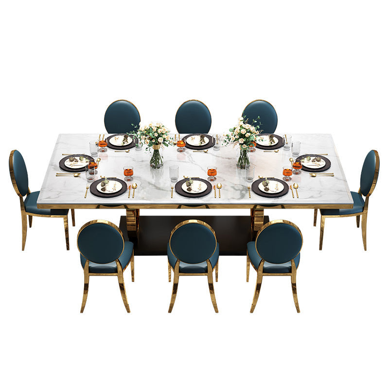 Modern Style Marble Table with White Table and Gold Trestle Base for Home Use Clearhalo 'Dining Room Sets' 'Dining Tables & Seating' 'dining_room_set' 'furn' 'furn_dining_room_set' 'Furniture' 'furniture_dining_room_set' 'Kitchen & Dining Furniture' 'kitchen&dining_furn' 'kitchen' 3409210