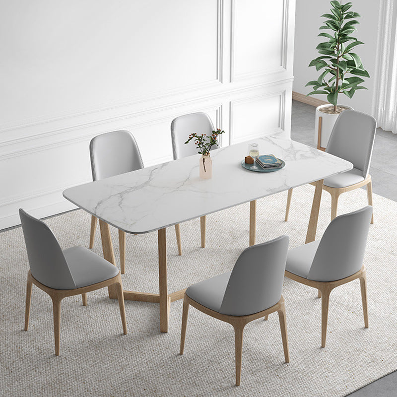 Contemporary Dining Table Set with Solid Wood Table and PU Leather Chairs with 6 Chairs Clearhalo 'Dining Room Sets' 'Dining Tables & Seating' 'dining_room_set' 'furn' 'furn_dining_room_set' 'Furniture' 'furniture_dining_room_set' 'Kitchen & Dining Furniture' 'kitchen&dining_furn' 'kitchen' 3413410