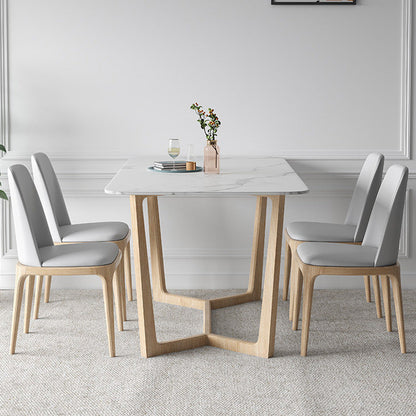 Contemporary Dining Table Set with Solid Wood Table and PU Leather Chairs with 4 Chairs Clearhalo 'Dining Room Sets' 'Dining Tables & Seating' 'dining_room_set' 'furn' 'furn_dining_room_set' 'Furniture' 'furniture_dining_room_set' 'Kitchen & Dining Furniture' 'kitchen&dining_furn' 'kitchen' 3413412
