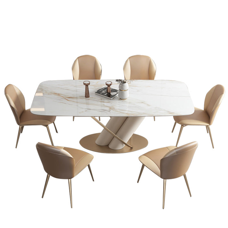 Minimalist Rectangle Dining Set for 4/6 with Glod Chairs Sintered Stone Dining Table with Metal Base Clearhalo 'Dining Room Sets' 'Dining Tables & Seating' 'dining_room_set' 'furn' 'furn_dining_room_set' 'Furniture' 'furniture_dining_room_set' 'Kitchen & Dining Furniture' 'kitchen&dining_furn' 'kitchen' 3413455