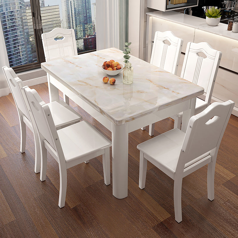 Minimalist Marble Dining Set with Rectangle Table White Dining Set with 4 Legs Base White 7 Piece Set Clearhalo 'Dining Room Sets' 'Dining Tables & Seating' 'dining_room_set' 'furn' 'furn_dining_room_set' 'Furniture' 'furniture_dining_room_set' 'Kitchen & Dining Furniture' 'kitchen&dining_furn' 'kitchen' 3413758