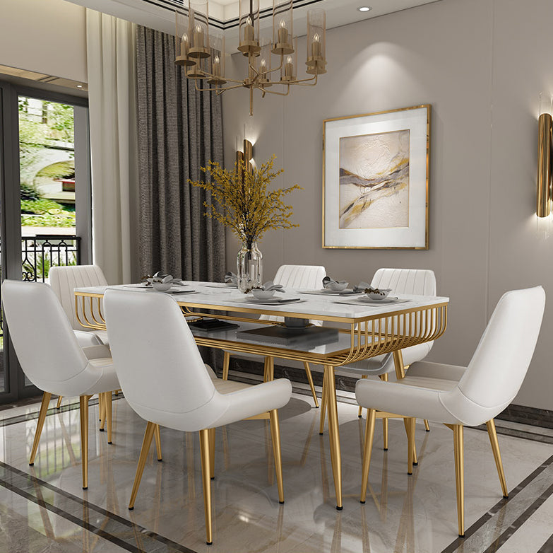 Contemporary Style Marble Table with White Table and 4 Gold Legs Base for Home Use White 7 Piece Set Clearhalo 'Dining Room Sets' 'Dining Tables & Seating' 'dining_room_set' 'furn' 'furn_dining_room_set' 'Furniture' 'furniture_dining_room_set' 'Kitchen & Dining Furniture' 'kitchen&dining_furn' 'kitchen' 3413866