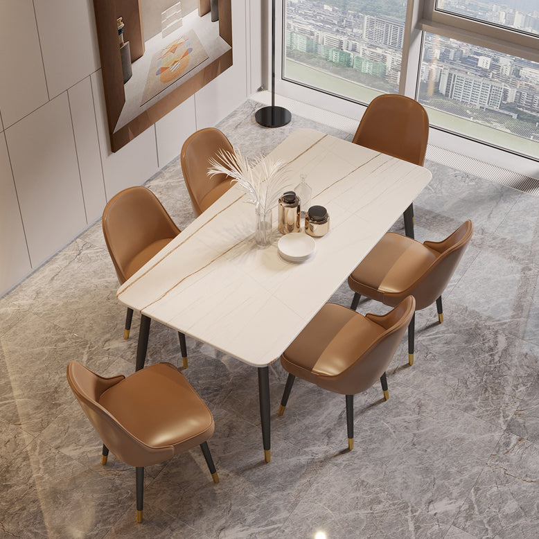 Modern Style Sintered Stone Dining Set with Standard Height Table and 4 Black Legs Base White-Gold 7 Piece Set Clearhalo 'Dining Room Sets' 'Dining Tables & Seating' 'dining_room_set' 'furn' 'furn_dining_room_set' 'Furniture' 'furniture_dining_room_set' 'Kitchen & Dining Furniture' 'kitchen&dining_furn' 'kitchen' 3413892