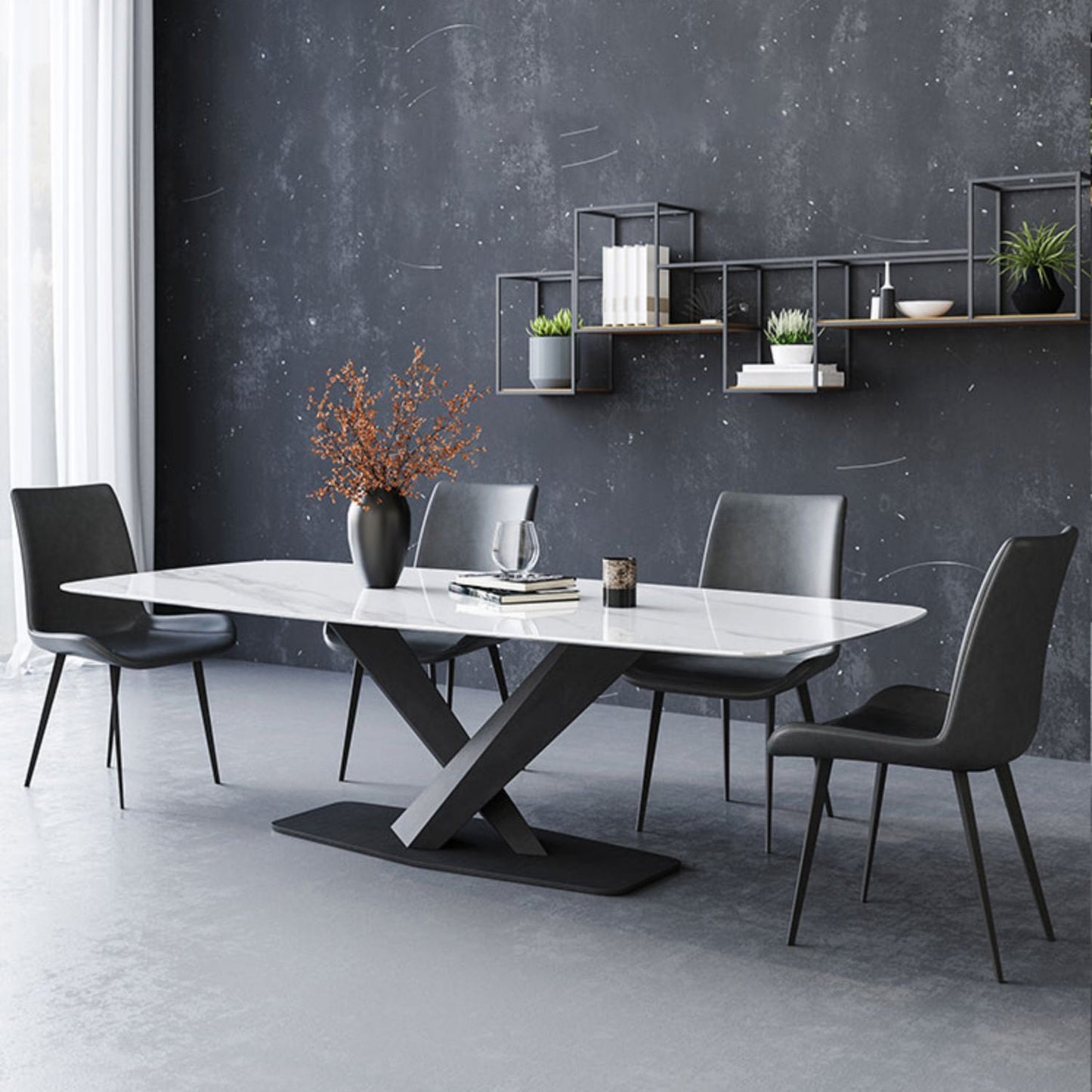 Modern Style Sintered Stone Dining Table with White Table and Black Trestle Base for Home Use Clearhalo 'Dining Room Sets' 'Dining Tables & Seating' 'dining_room_set' 'furn' 'furn_dining_room_set' 'Furniture' 'furniture_dining_room_set' 'Kitchen & Dining Furniture' 'kitchen&dining_furn' 'kitchen' 3413993