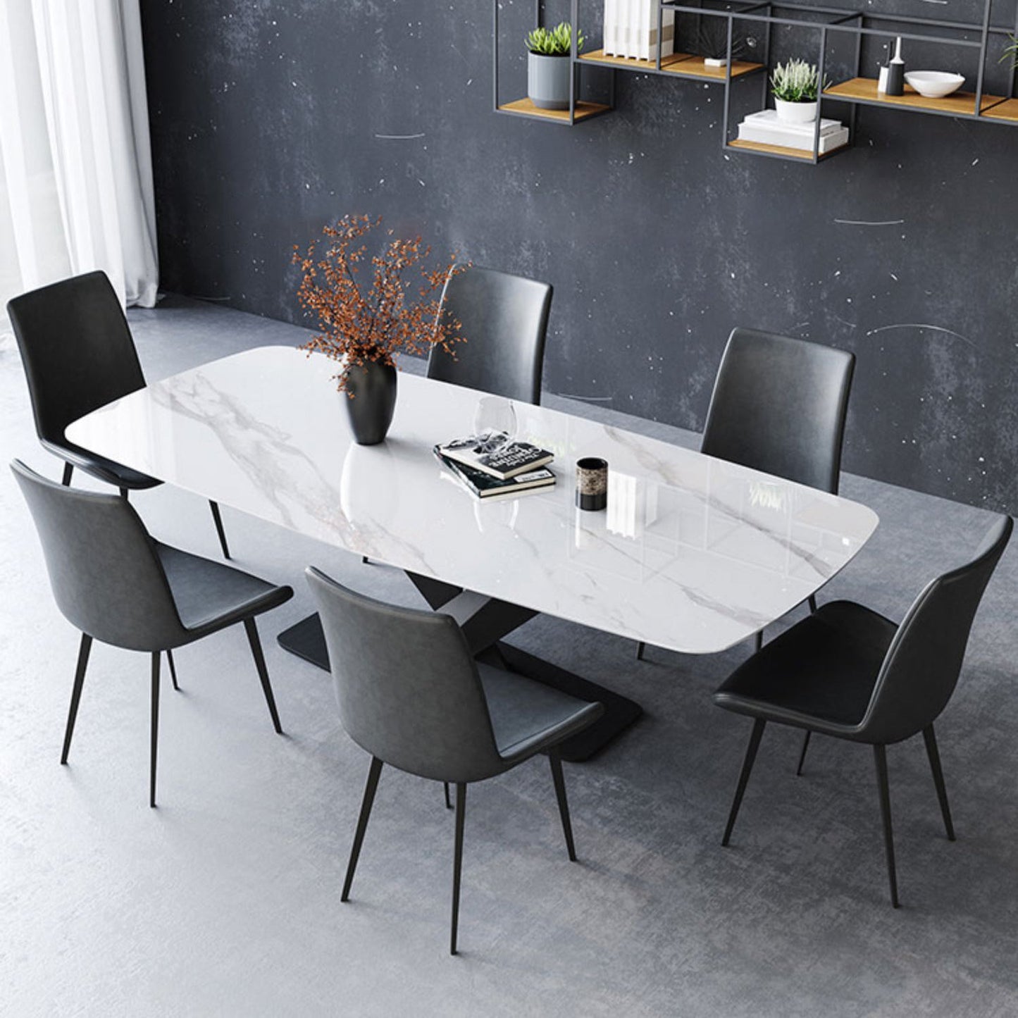 Modern Style Sintered Stone Dining Table with White Table and Black Trestle Base for Home Use with 6 Chairs Clearhalo 'Dining Room Sets' 'Dining Tables & Seating' 'dining_room_set' 'furn' 'furn_dining_room_set' 'Furniture' 'furniture_dining_room_set' 'Kitchen & Dining Furniture' 'kitchen&dining_furn' 'kitchen' 3413994