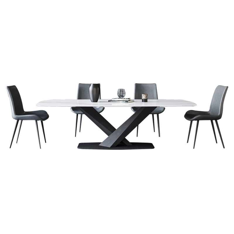 Modern Style Sintered Stone Dining Table with White Table and Black Trestle Base for Home Use Clearhalo 'Dining Room Sets' 'Dining Tables & Seating' 'dining_room_set' 'furn' 'furn_dining_room_set' 'Furniture' 'furniture_dining_room_set' 'Kitchen & Dining Furniture' 'kitchen&dining_furn' 'kitchen' 3413998