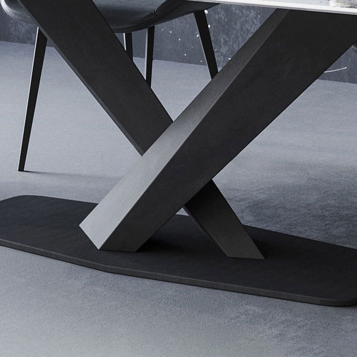 Modern Style Sintered Stone Dining Table with White Table and Black Trestle Base for Home Use Clearhalo 'Dining Room Sets' 'Dining Tables & Seating' 'dining_room_set' 'furn' 'furn_dining_room_set' 'Furniture' 'furniture_dining_room_set' 'Kitchen & Dining Furniture' 'kitchen&dining_furn' 'kitchen' 3414000