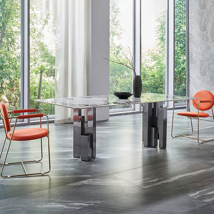 Modern Style Sintered Stone Dining Set with Grey Rectangle Shape Table and Double Pedestal Base 3 Piece Set Clearhalo 'Dining Room Sets' 'Dining Tables & Seating' 'dining_room_set' 'furn' 'furn_dining_room_set' 'Furniture' 'furniture_dining_room_set' 'Kitchen & Dining Furniture' 'kitchen&dining_furn' 'kitchen' 3422140