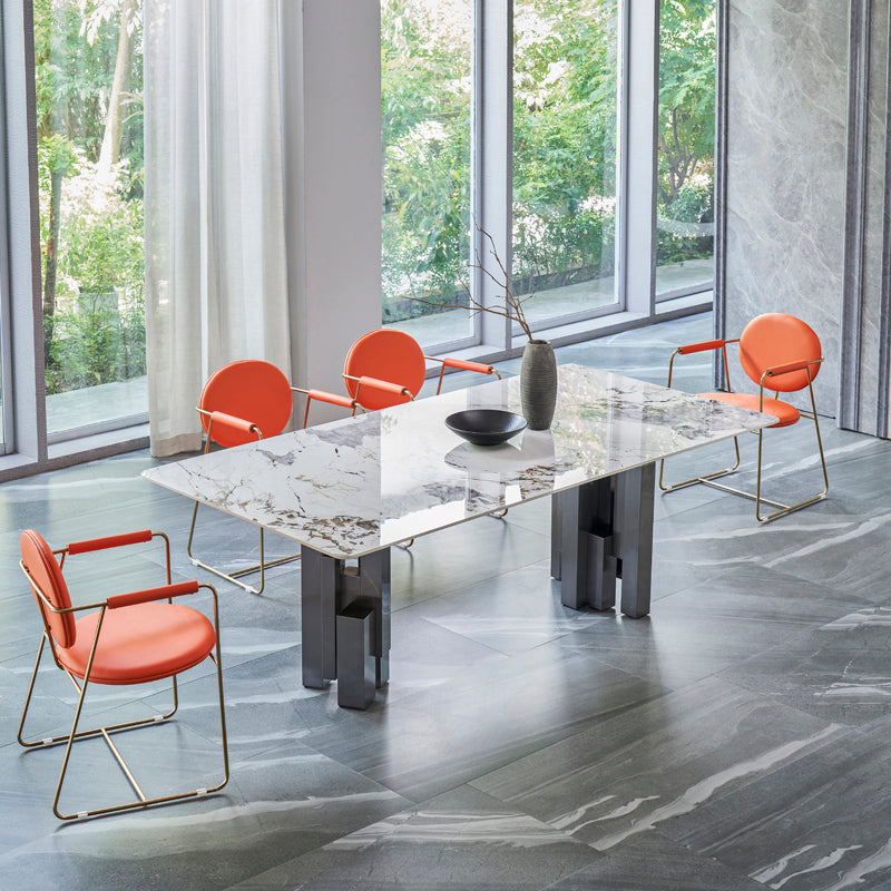Modern Style Sintered Stone Dining Set with Grey Rectangle Shape Table and Double Pedestal Base 5 Piece Set Clearhalo 'Dining Room Sets' 'Dining Tables & Seating' 'dining_room_set' 'furn' 'furn_dining_room_set' 'Furniture' 'furniture_dining_room_set' 'Kitchen & Dining Furniture' 'kitchen&dining_furn' 'kitchen' 3422141