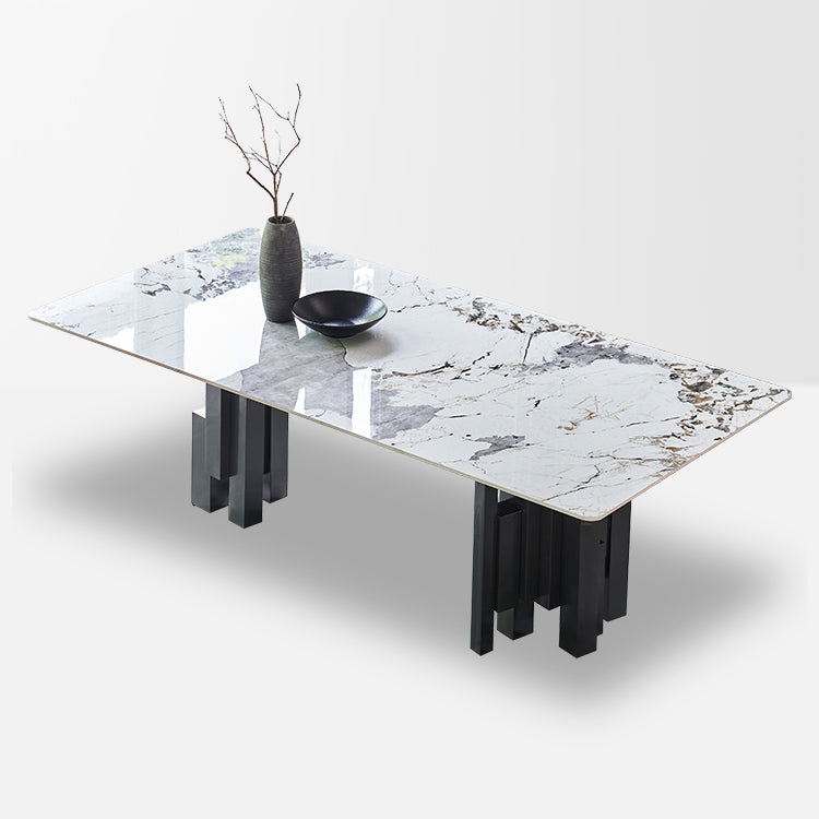 Modern Style Sintered Stone Dining Set with Grey Rectangle Shape Table and Double Pedestal Base Clearhalo 'Dining Room Sets' 'Dining Tables & Seating' 'dining_room_set' 'furn' 'furn_dining_room_set' 'Furniture' 'furniture_dining_room_set' 'Kitchen & Dining Furniture' 'kitchen&dining_furn' 'kitchen' 3422144