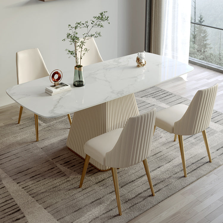 Modern Style Sintered Stone Dining Set with White Rectangle Shape Table and Pedestal Base Clearhalo 'Dining Room Sets' 'Dining Tables & Seating' 'dining_room_set' 'furn' 'furn_dining_room_set' 'Furniture' 'furniture_dining_room_set' 'Kitchen & Dining Furniture' 'kitchen&dining_furn' 'kitchen' 3422157