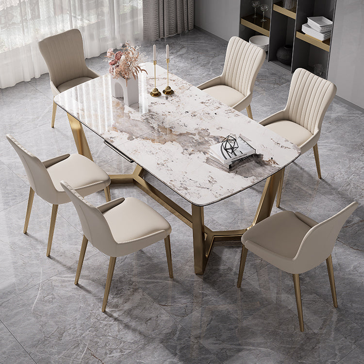 Modern Style Sintered Stone Dining Room Set with White Rectangle Shape Table and Gold Trestle Base 7 Piece Set Clearhalo 'Dining Room Sets' 'Dining Tables & Seating' 'dining_room_set' 'furn' 'furn_dining_room_set' 'Furniture' 'furniture_dining_room_set' 'Kitchen & Dining Furniture' 'kitchen&dining_furn' 'kitchen' 3422168