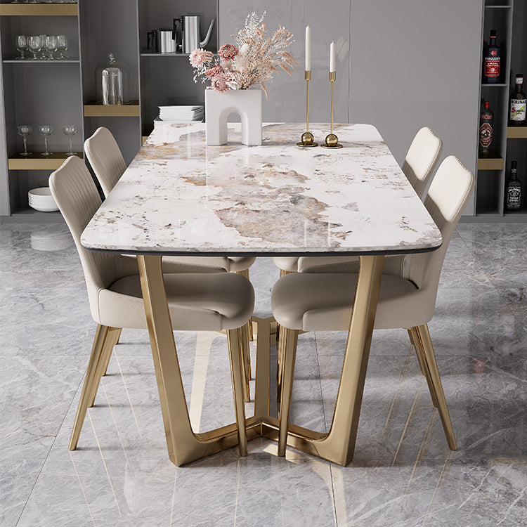 Modern Style Sintered Stone Dining Room Set with White Rectangle Shape Table and Gold Trestle Base 5 Piece Set Clearhalo 'Dining Room Sets' 'Dining Tables & Seating' 'dining_room_set' 'furn' 'furn_dining_room_set' 'Furniture' 'furniture_dining_room_set' 'Kitchen & Dining Furniture' 'kitchen&dining_furn' 'kitchen' 3422169