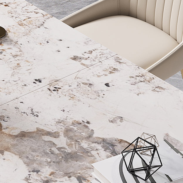 Modern Style Sintered Stone Dining Room Set with White Rectangle Shape Table and Gold Trestle Base Clearhalo 'Dining Room Sets' 'Dining Tables & Seating' 'dining_room_set' 'furn' 'furn_dining_room_set' 'Furniture' 'furniture_dining_room_set' 'Kitchen & Dining Furniture' 'kitchen&dining_furn' 'kitchen' 3422171