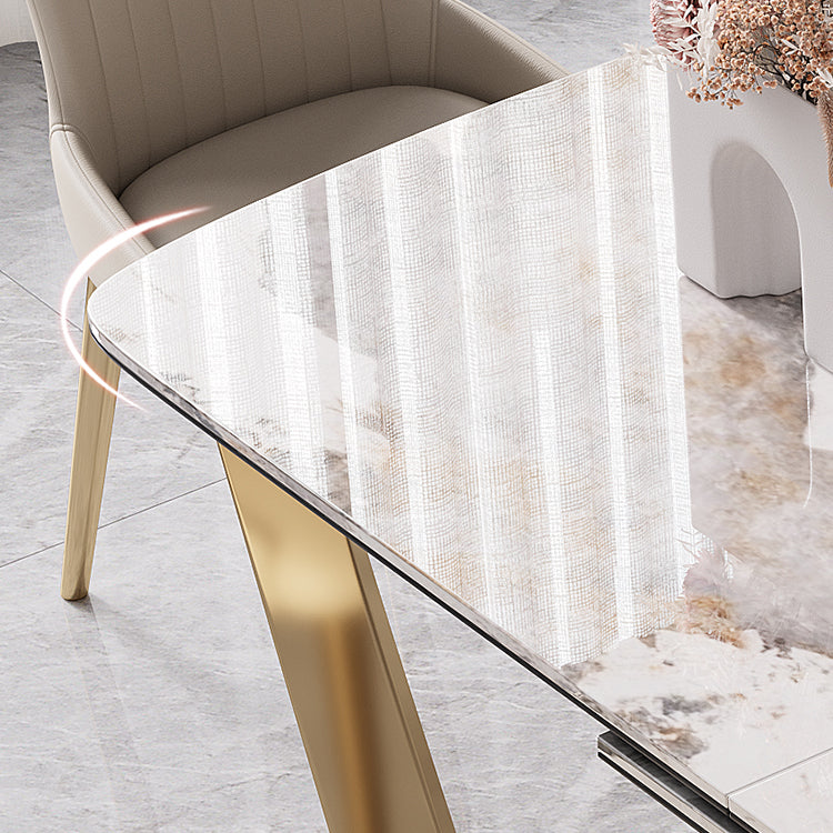 Modern Style Sintered Stone Dining Room Set with White Rectangle Shape Table and Gold Trestle Base Clearhalo 'Dining Room Sets' 'Dining Tables & Seating' 'dining_room_set' 'furn' 'furn_dining_room_set' 'Furniture' 'furniture_dining_room_set' 'Kitchen & Dining Furniture' 'kitchen&dining_furn' 'kitchen' 3422173