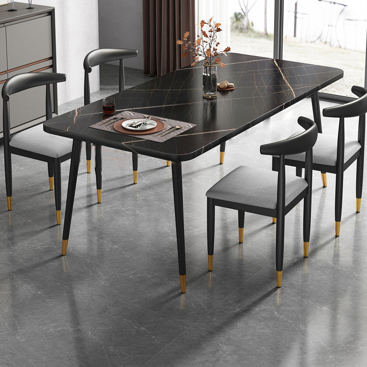 Contemporary Metallic Fixed Dining Table Rectangle Formal Dinette Set with Balck Base Black with 4 Chairs Clearhalo 'Dining Room Sets' 'Dining Tables & Seating' 'dining_room_set' 'furn' 'furn_dining_room_set' 'Furniture' 'furniture_dining_room_set' 'Kitchen & Dining Furniture' 'kitchen&dining_furn' 'kitchen' 3422709
