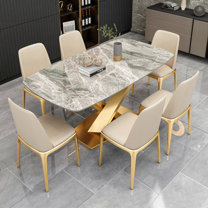 Modern Style Sintered Stone Kitchen Set with Table and Upholstered Chairs Off-White with 6 Chairs Clearhalo 'Dining Room Sets' 'Dining Tables & Seating' 'dining_room_set' 'furn' 'furn_dining_room_set' 'Furniture' 'furniture_dining_room_set' 'Kitchen & Dining Furniture' 'kitchen&dining_furn' 'kitchen' 3422799