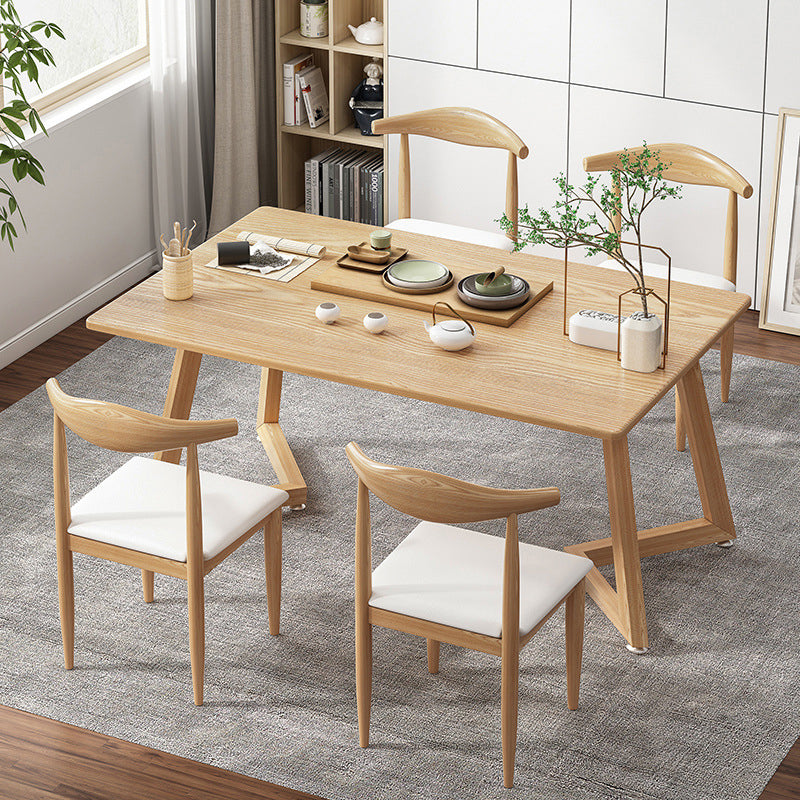 Minimalist Style Traditional Height Dining Set with Rectangle Shape Table and Double Pedestal Base Natural 5 Piece Set Clearhalo 'Dining Room Sets' 'Dining Tables & Seating' 'dining_room_set' 'furn' 'furn_dining_room_set' 'Furniture' 'furniture_dining_room_set' 'Kitchen & Dining Furniture' 'kitchen&dining_furn' 'kitchen' 3447231