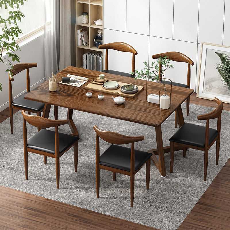 Minimalist Style Traditional Height Dining Set with Rectangle Shape Table and Double Pedestal Base 55.1"L x 31.5"W x 29.5"H Walnut 7 Piece Set Clearhalo 'Dining Room Sets' 'Dining Tables & Seating' 'dining_room_set' 'furn' 'furn_dining_room_set' 'Furniture' 'furniture_dining_room_set' 'Kitchen & Dining Furniture' 'kitchen&dining_furn' 'kitchen' 3447234