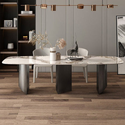 Minimalist Style Sintered Stone Dining Set with White Fixed Table and Black Double Pedestal Base 3 Piece Set Clearhalo 'Dining Room Sets' 'Dining Tables & Seating' 'dining_room_set' 'furn' 'furn_dining_room_set' 'Furniture' 'furniture_dining_room_set' 'Kitchen & Dining Furniture' 'kitchen&dining_furn' 'kitchen' 3447417