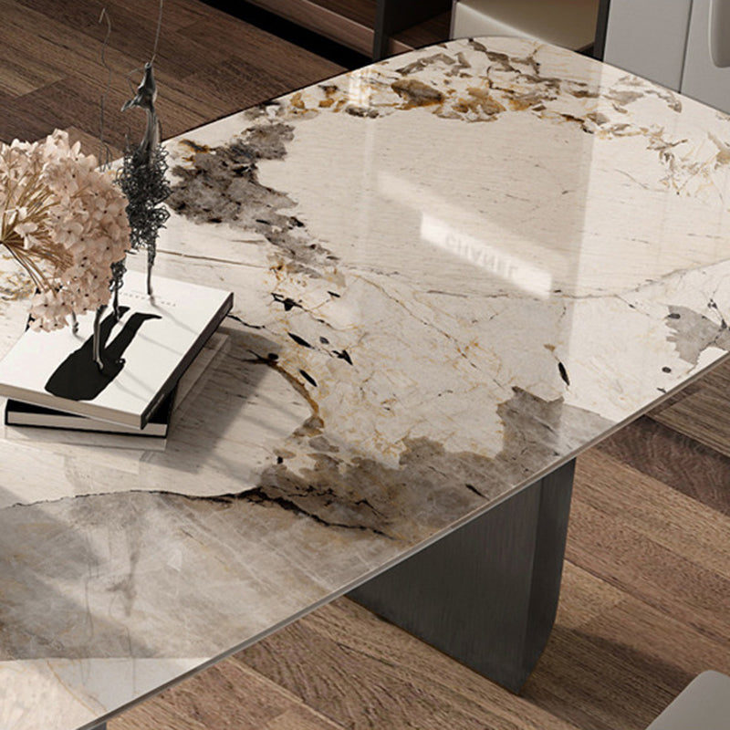 Minimalist Style Sintered Stone Dining Set with White Fixed Table and Black Double Pedestal Base Clearhalo 'Dining Room Sets' 'Dining Tables & Seating' 'dining_room_set' 'furn' 'furn_dining_room_set' 'Furniture' 'furniture_dining_room_set' 'Kitchen & Dining Furniture' 'kitchen&dining_furn' 'kitchen' 3447420