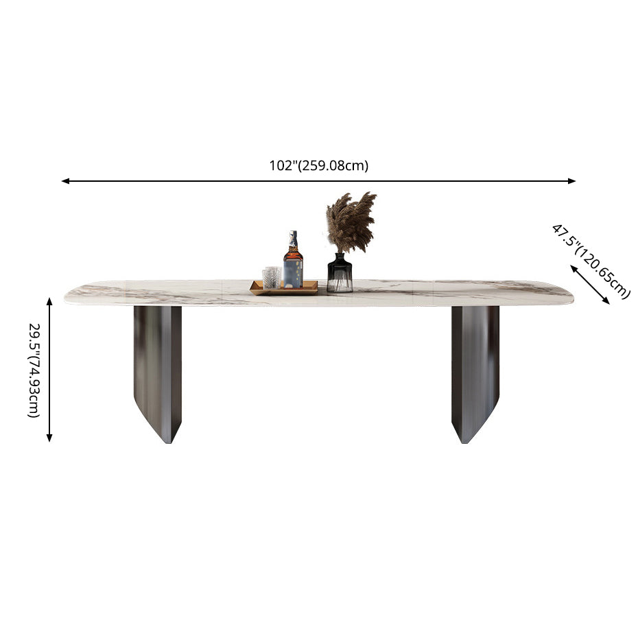 Minimalist Style Sintered Stone Dining Set with White Fixed Table and Black Double Pedestal Base Clearhalo 'Dining Room Sets' 'Dining Tables & Seating' 'dining_room_set' 'furn' 'furn_dining_room_set' 'Furniture' 'furniture_dining_room_set' 'Kitchen & Dining Furniture' 'kitchen&dining_furn' 'kitchen' 3447422