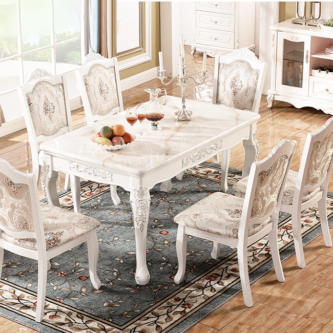 Victorian Style Marble Dining Set with White Rectangle Shape Table and 4 Legs Base for Home Use Yellow 7 Piece Set Clearhalo 'Dining Room Sets' 'Dining Tables & Seating' 'dining_room_set' 'furn' 'furn_dining_room_set' 'Furniture' 'furniture_dining_room_set' 'Kitchen & Dining Furniture' 'kitchen&dining_furn' 'kitchen' 3447667