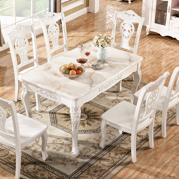 Victorian Style Marble Dining Set with White Rectangle Shape Table and 4 Legs Base for Home Use White 7 Piece Set Clearhalo 'Dining Room Sets' 'Dining Tables & Seating' 'dining_room_set' 'furn' 'furn_dining_room_set' 'Furniture' 'furniture_dining_room_set' 'Kitchen & Dining Furniture' 'kitchen&dining_furn' 'kitchen' 3447668