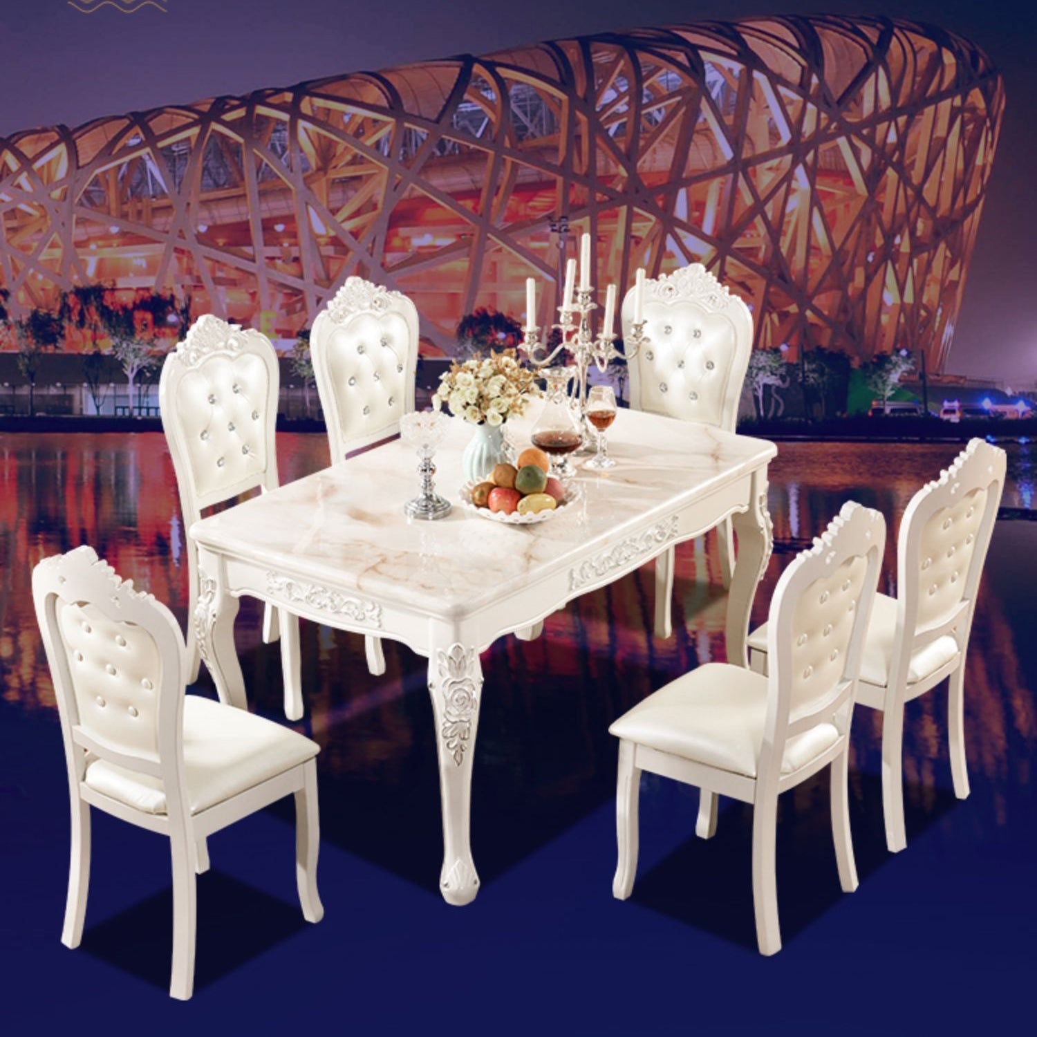 Victorian Style Marble Dining Set with White Rectangle Shape Table and 4 Legs Base for Home Use Clearhalo 'Dining Room Sets' 'Dining Tables & Seating' 'dining_room_set' 'furn' 'furn_dining_room_set' 'Furniture' 'furniture_dining_room_set' 'Kitchen & Dining Furniture' 'kitchen&dining_furn' 'kitchen' 3447682