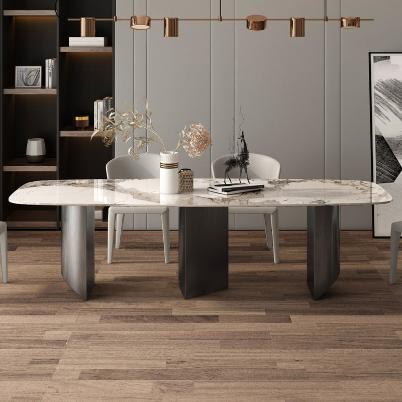 Minimalist Style Sintered Stone Dining Set with White Fixed Table and Grey Double Pedestal Base 3 Piece Set Clearhalo 'Dining Room Sets' 'Dining Tables & Seating' 'dining_room_set' 'furn' 'furn_dining_room_set' 'Furniture' 'furniture_dining_room_set' 'Kitchen & Dining Furniture' 'kitchen&dining_furn' 'kitchen' 3447738