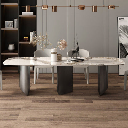 Minimalist Style Sintered Stone Dining Set with White Fixed Table and Grey Double Pedestal Base 3 Piece Set Clearhalo 'Dining Room Sets' 'Dining Tables & Seating' 'dining_room_set' 'furn' 'furn_dining_room_set' 'Furniture' 'furniture_dining_room_set' 'Kitchen & Dining Furniture' 'kitchen&dining_furn' 'kitchen' 3447738