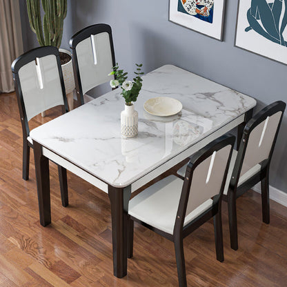 Traditional Style Marble Dining Set with White Fixed Table and 4 Black Legs Base 5 Piece Set Clearhalo 'Dining Room Sets' 'Dining Tables & Seating' 'dining_room_set' 'furn' 'furn_dining_room_set' 'Furniture' 'furniture_dining_room_set' 'Kitchen & Dining Furniture' 'kitchen&dining_furn' 'kitchen' 3473543
